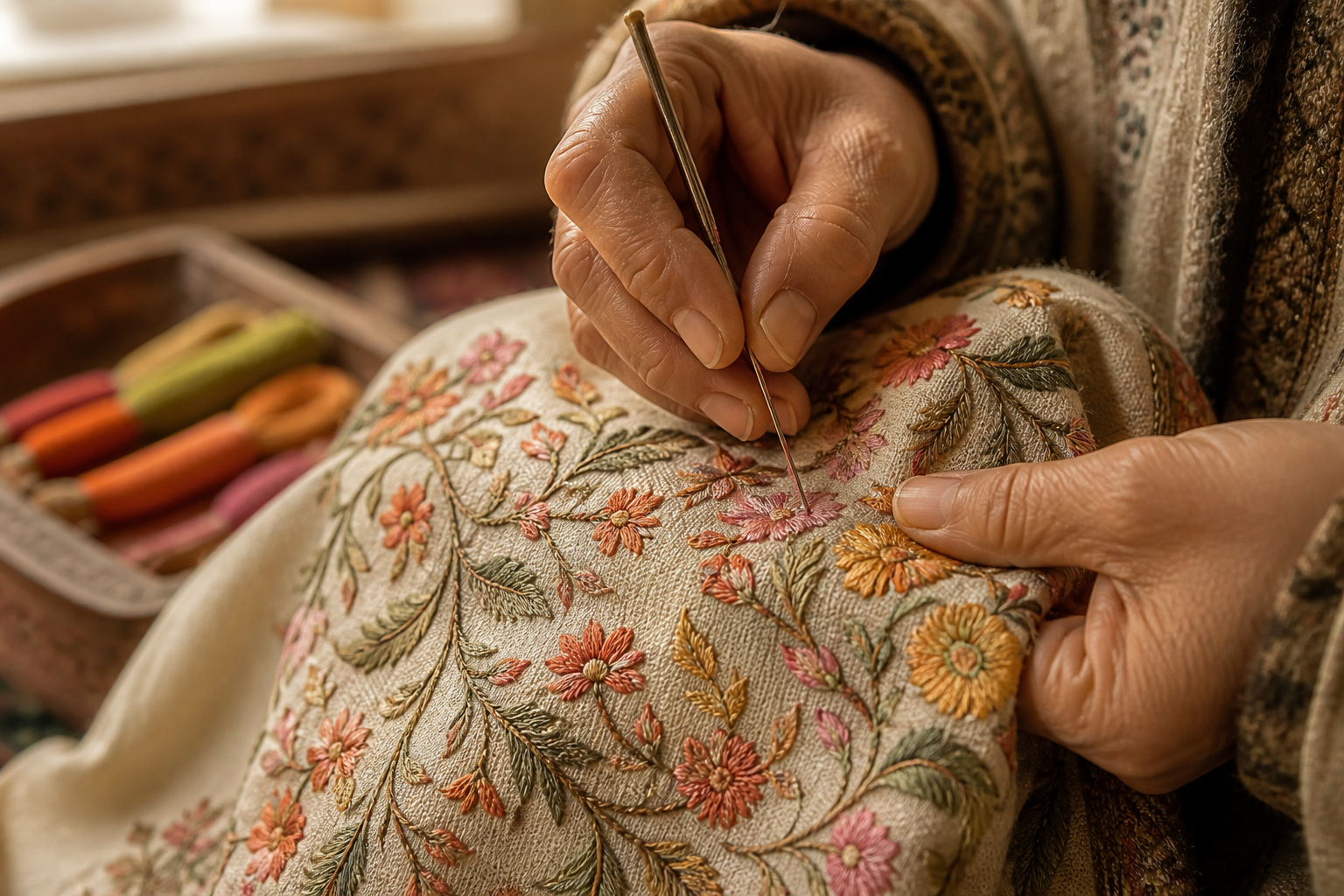 Kashmiri artisan hand embroidering traditional floral fabric
