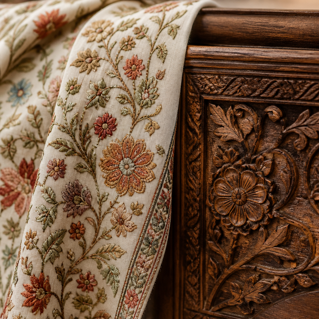 Traditional Kashmiri textile and walnut wood craftsmanship