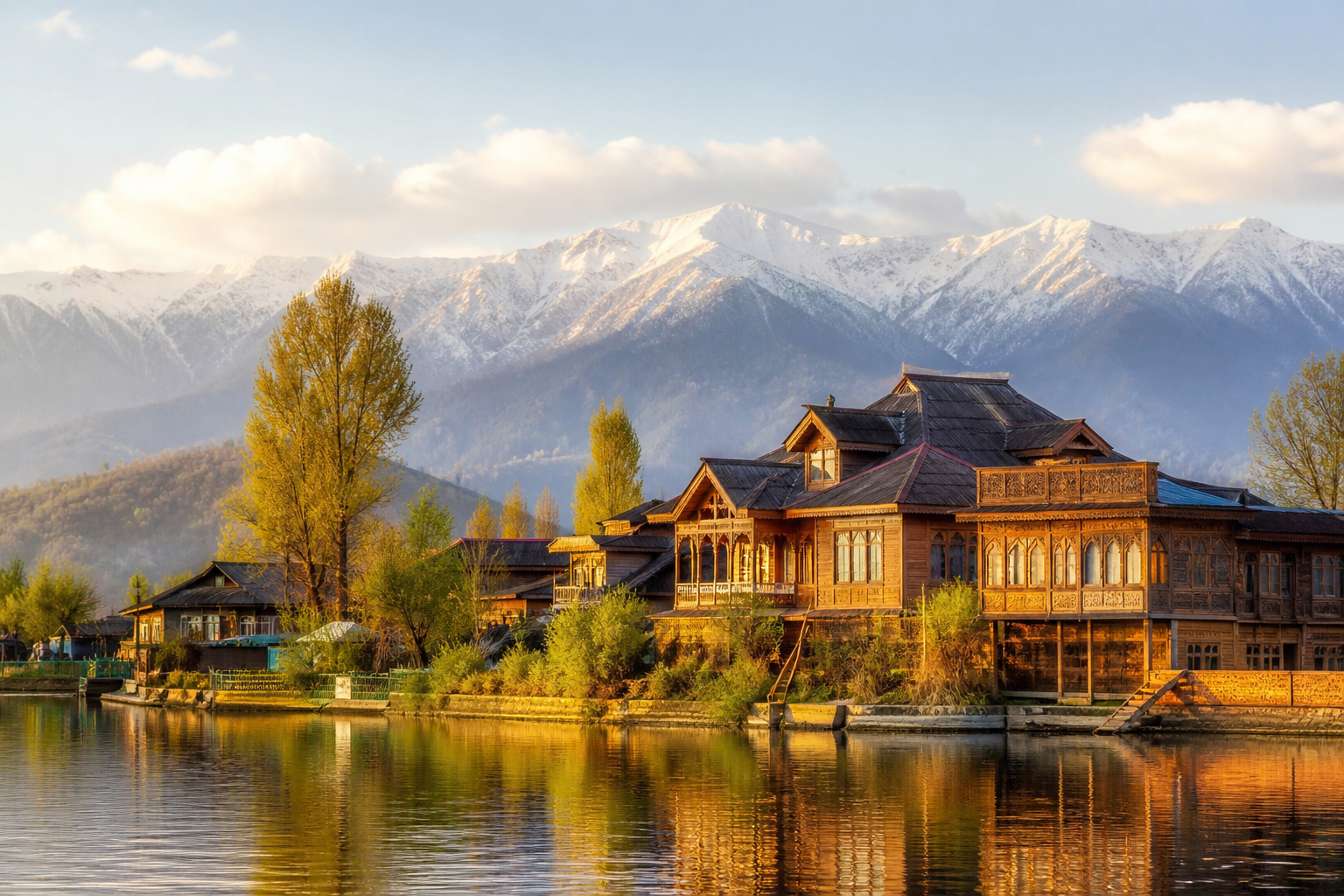 Kashmir valley landscape with traditional architecture
